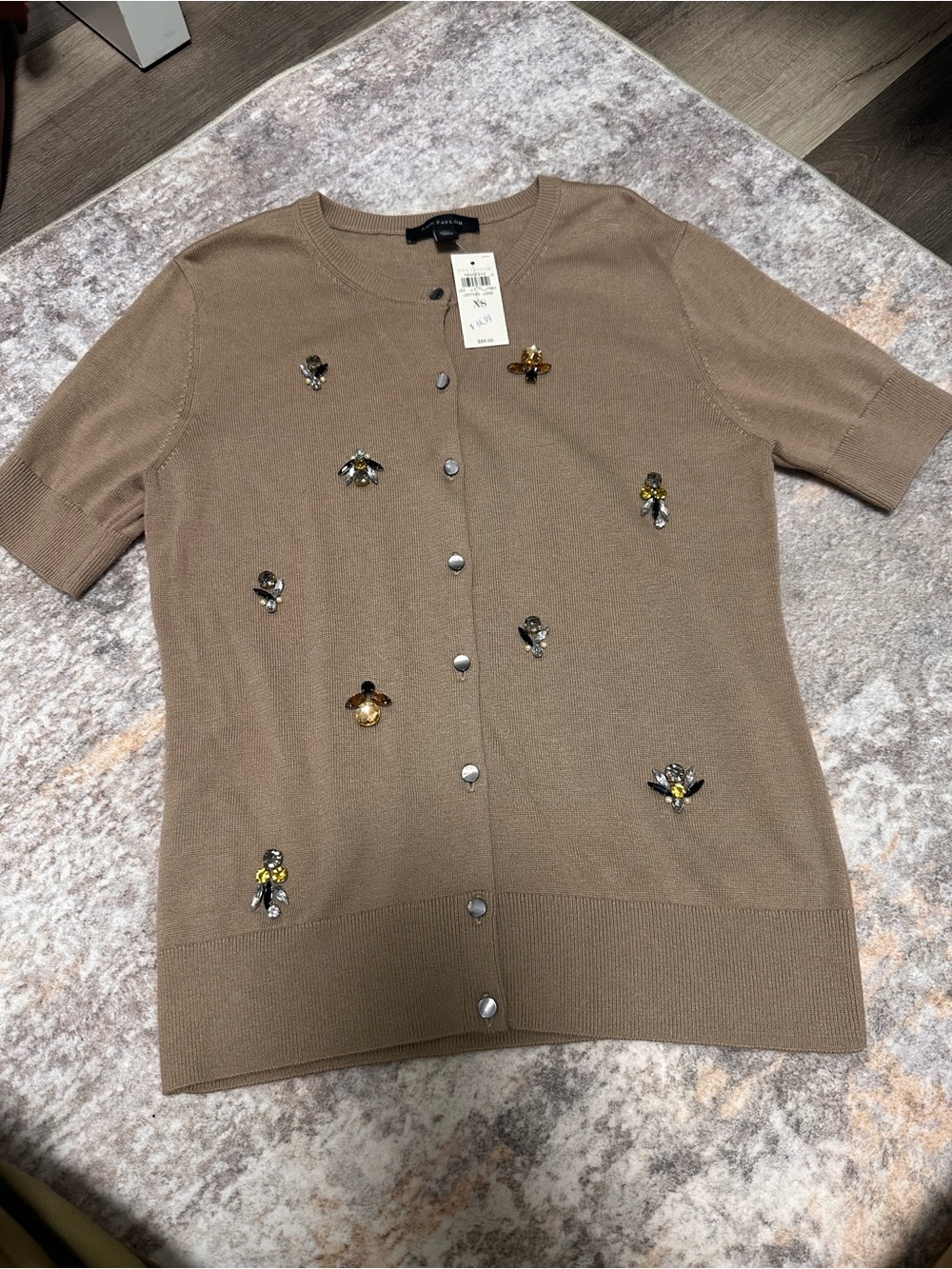 Ann Taylor Jeweled Bee Embellished Cardigan Sweater- Taupe – XS – NWT